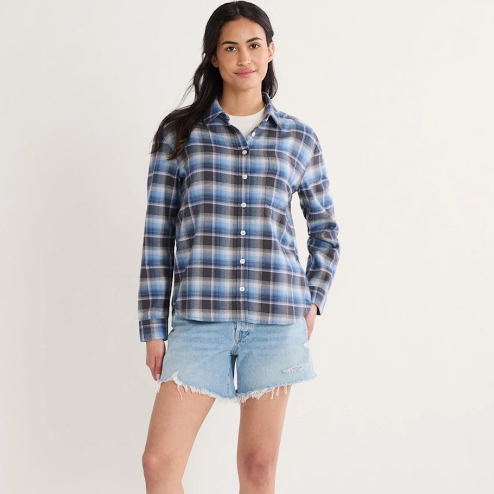 Pendleton Woman’s Plaid Boyfriend Doublebrushed Blue Flannel Shirt Large NWT